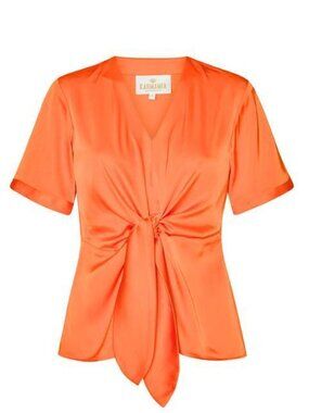 Karmamia Blair Satin Tie Front Blouse Orange V-Neck Short Sleeve Size S